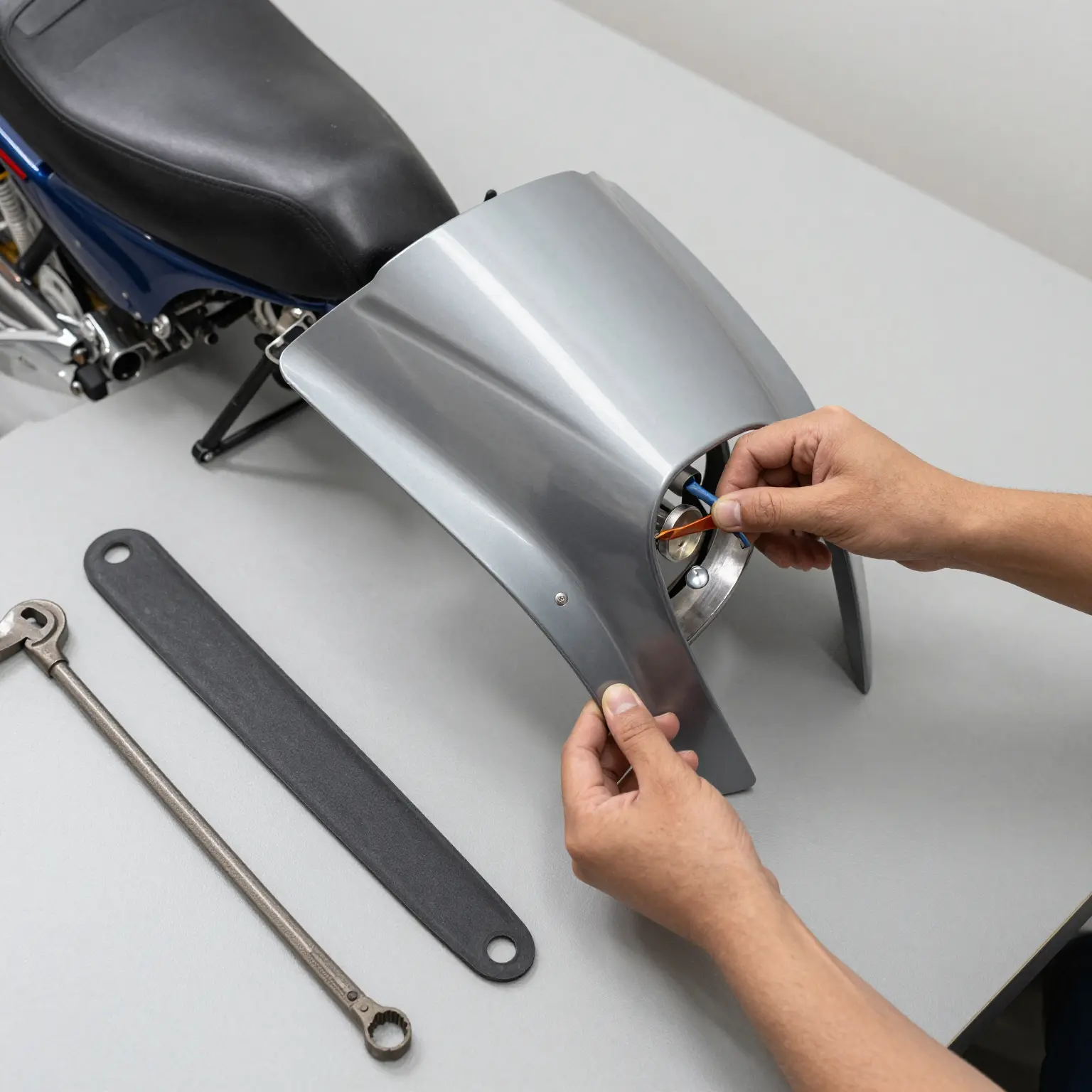 Step-by-step installation of fairing kits on a 1979 Suzuki GSXR 1100, showing tools and process with labeled steps for clarity.