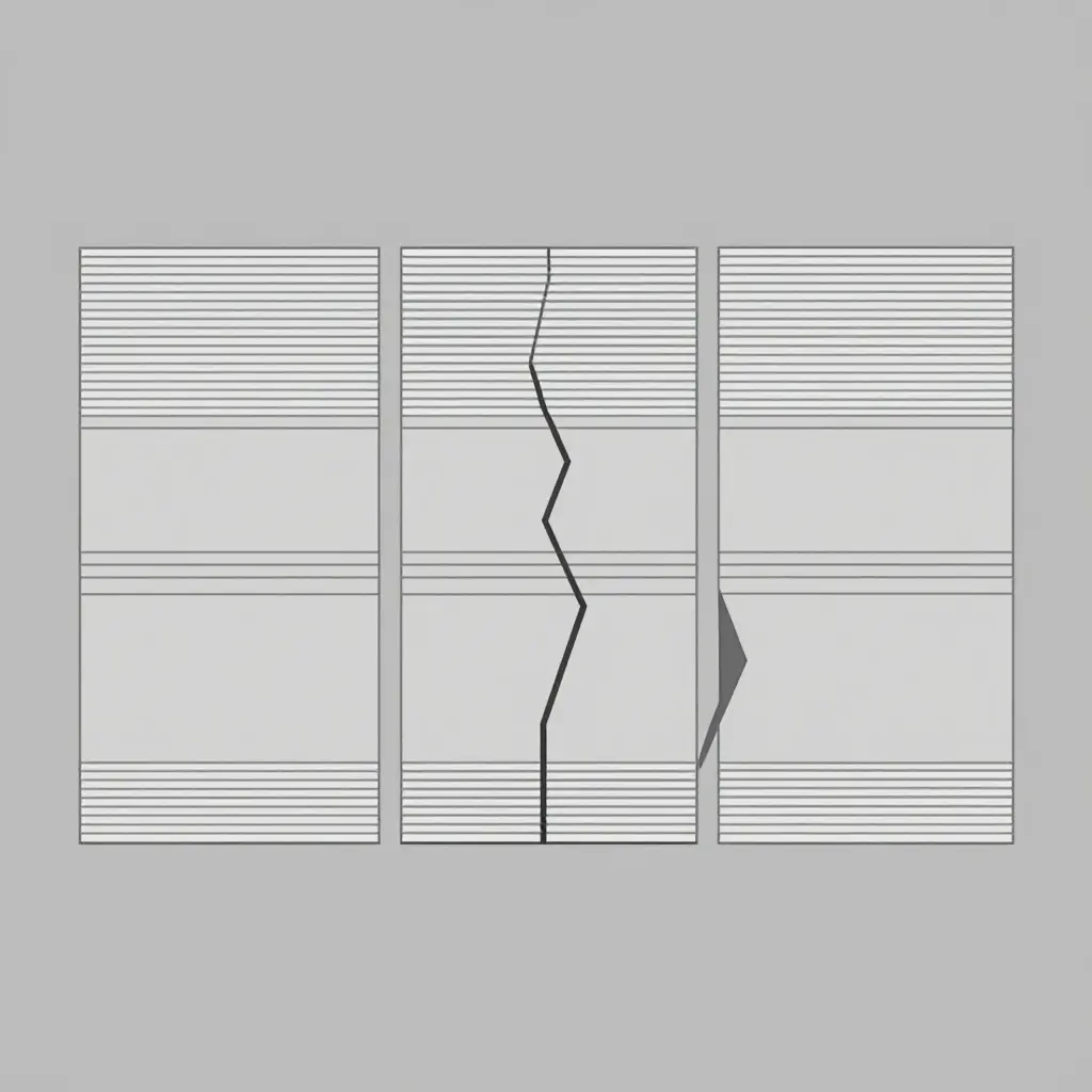 A flat two-dimensional cross-section diagram showing three fairing wall panels side by side with thin, medium, and thick layered walls, each pierced by a single crack line that runs deeper as wall thickness increases.