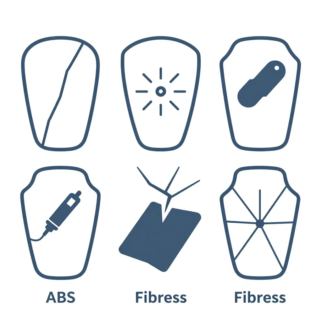Diagram matching hairline, stress, impact, and spider cracks to the best ABS and fiberglass repair methods