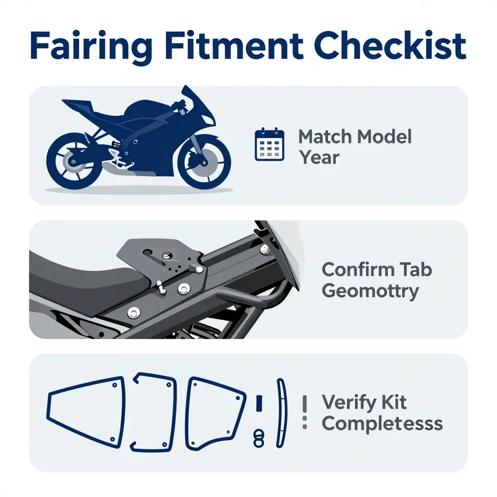 Diagram showing three fairing fitment checks: matching the model year, confirming tab geometry against the frame, and verifying kit contents