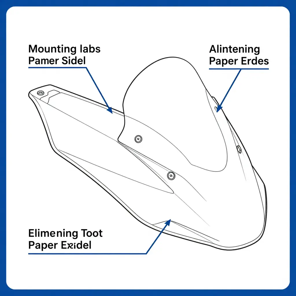 Diagram of a motorcycle fairing panel showing labeled mounting tabs, bolt holes, and gap areas
