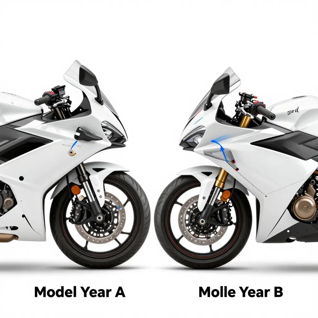 Technical diagram comparing motorcycle fairing mounting points and subframe across two model years