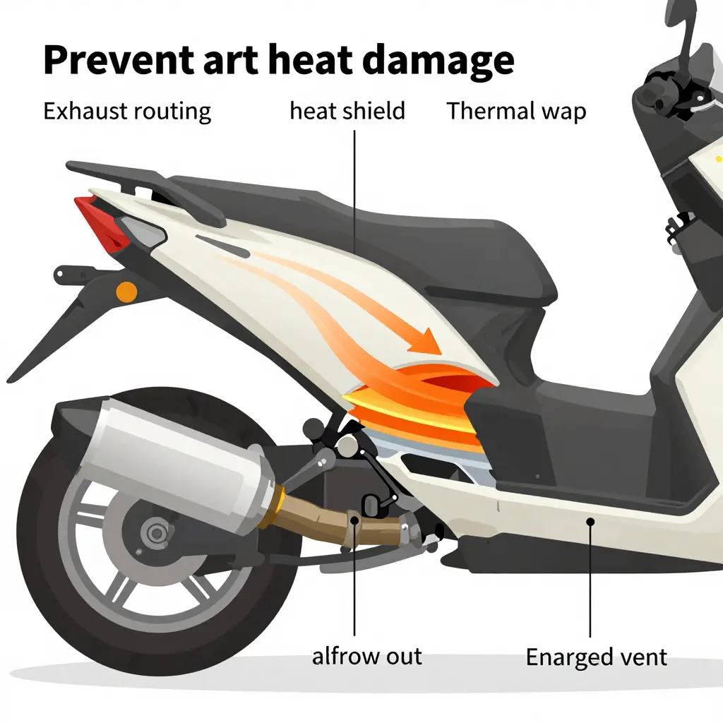 Diagram showing exhaust routing clearance, heat shields, thermal wrap, and airflow moving through an enlarged fairing vent