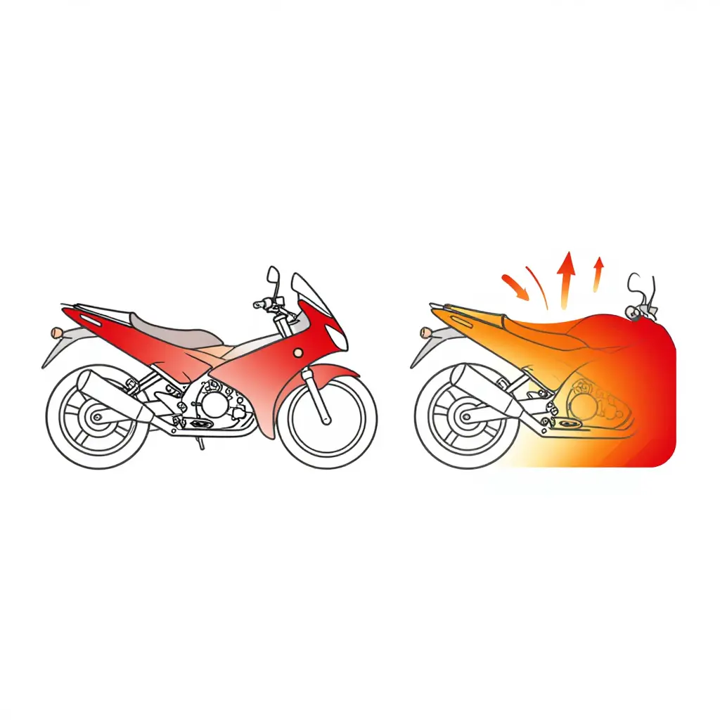 Two side-by-side 2D schematic motorcycle side profiles: the left shows a stock exhaust routed far from the lower fairing panel with a small, faint heat-proximity zone, while the right shows an aftermarket exhaust routed close to and under the lower fairing panel with a large, intense heat-proximity zone, plus arrows indicating radiant and convective heat direction toward the panel.