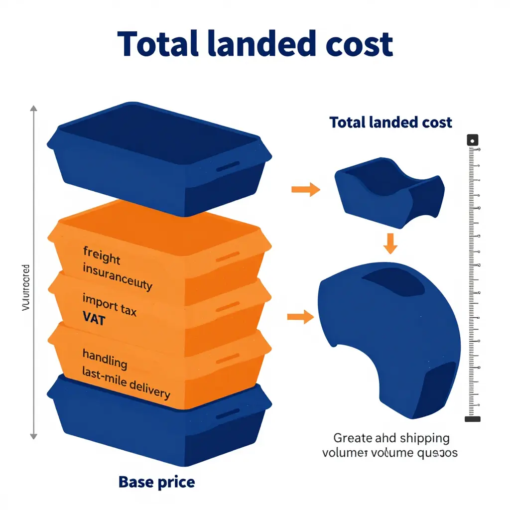 Stacked layers showing base price, freight, insurance, customs duty, import tax, handling fees, and last-mile delivery combining into total landed cost, with compact versus oversized fairing boxes measured by dimensional weight
