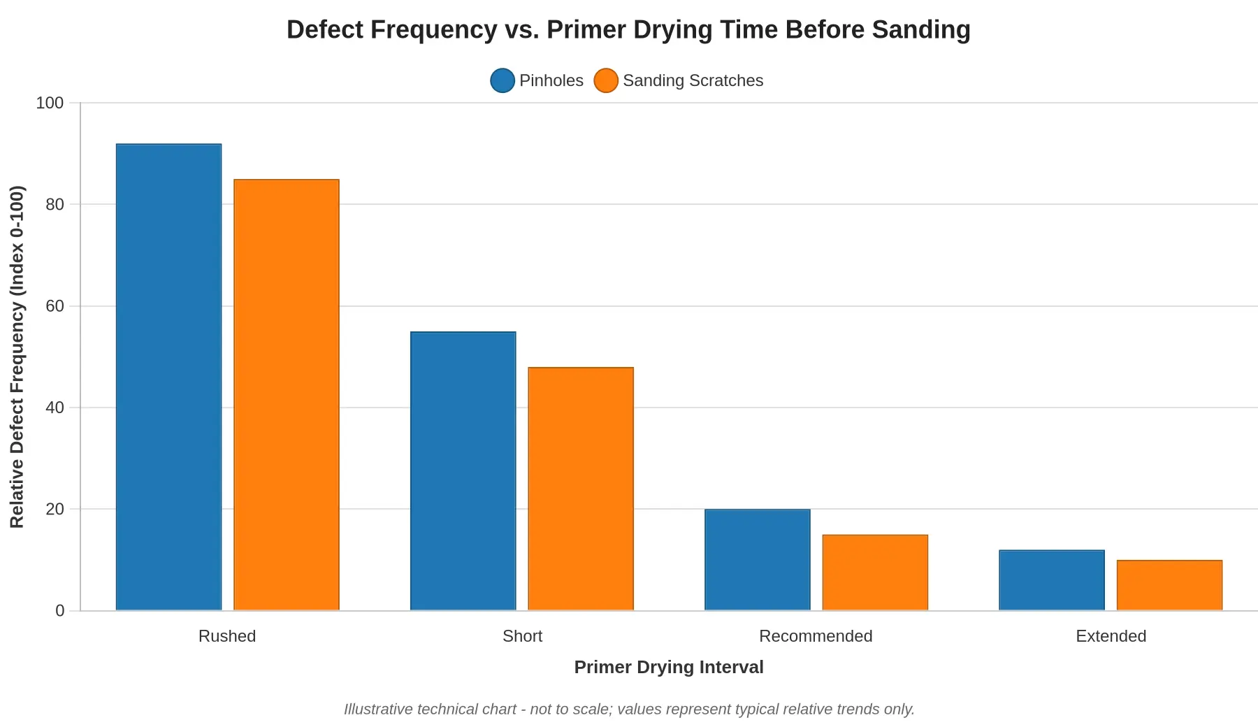 Bar chart titled Defect Frequency vs. Primer Drying Time Before Sanding, showing grouped bars for Pinholes and Sanding Scratches across Rushed, Short, Recommended, and Extended drying intervals, with both series declining as drying time increases.