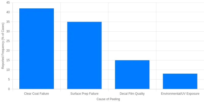 Bar chart titled 'Causes of Fairing Decal Peeling After One Season' showing reported frequency by cause: Clear Coat Failure 42%, Surface Prep Failure 35%, Decal Film Quality 15%, and Environmental/UV Exposure 8%. The x-axis is labeled 'Cause of Peeling' and the y-axis is labeled 'Reported Frequency (% of Cases)'.