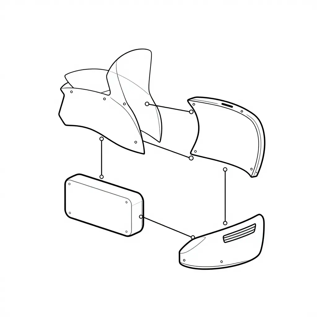 Exploded 2D schematic line drawing showing how the audio pod and vent duct attach to the 1990 Yamaha Venture 1300 upper fairing shell and inner dash panel, with connector lines indicating mounting points and panel dependencies.