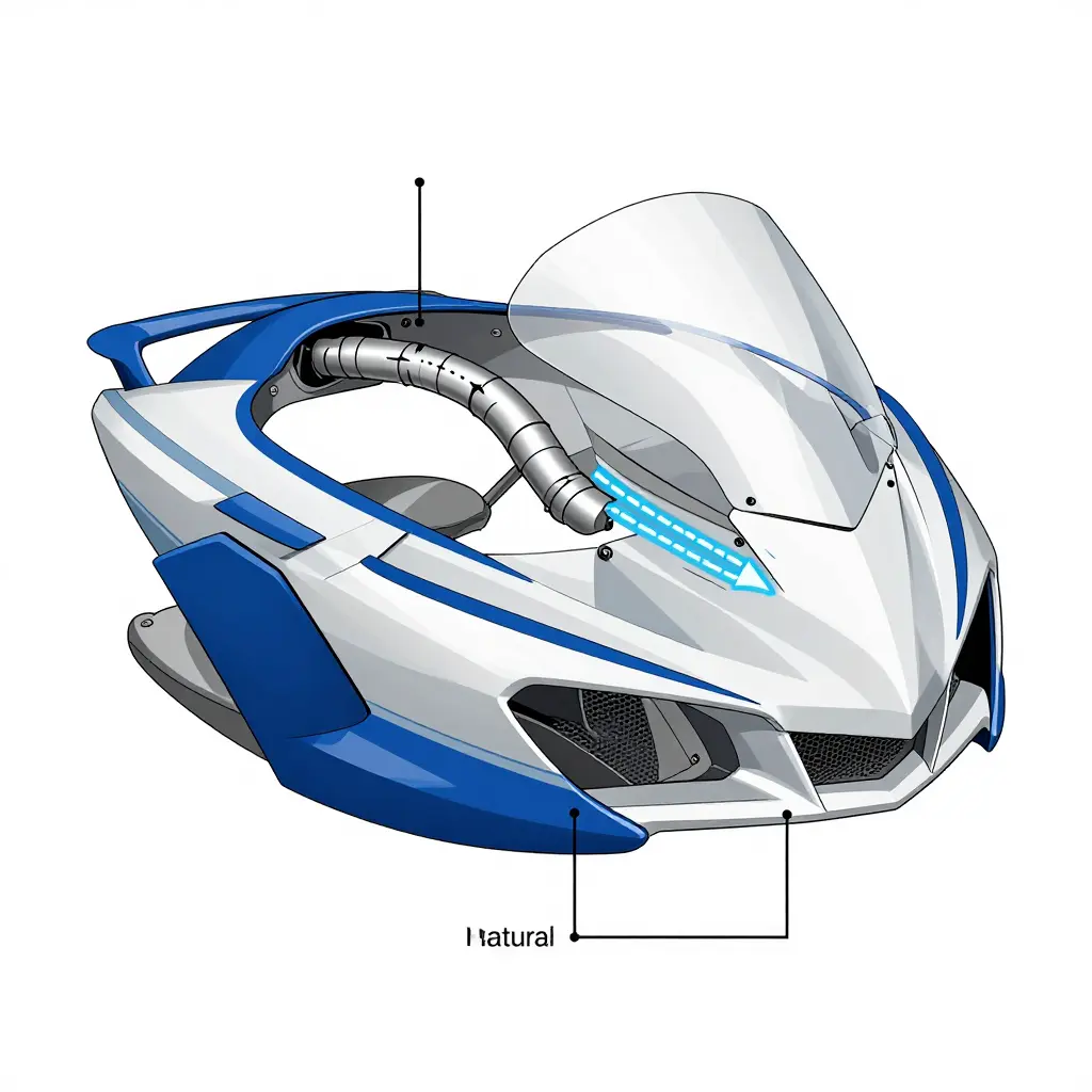 Diagram of the 1990 Yamaha Venture 1300 fairing showing the vent duct routing air and the mounting points for side panels, lower leg shields, and inner panels