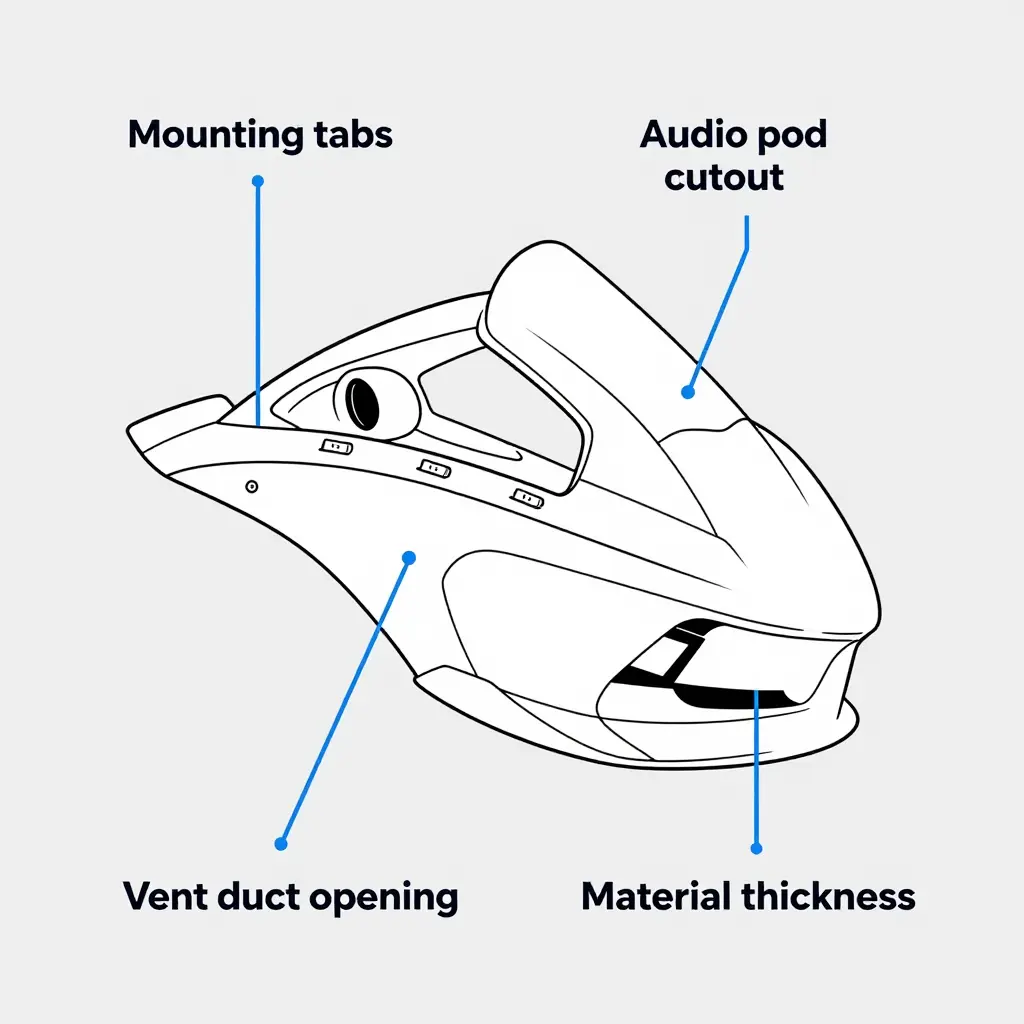 Labeled diagram of a Yamaha Venture 1300 fairing side panel showing mounting tabs, audio pod cutout, and vent duct opening