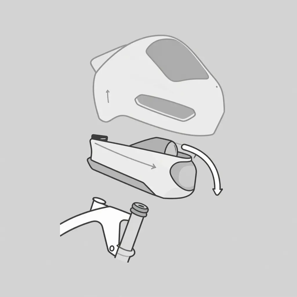 Flat two-dimensional vector stack-up diagram of the 1996 Honda CBR 600 F3 front-end assembly, showing the steering head frame, cowl stay, headlight housing, upper cowl with headlight cutout, ram air duct through its grommet, and the side panel locating tab, with arrows marking assembly direction and load path