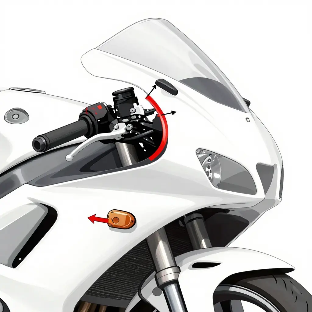 Technical cutaway diagram of a sportbike cowl stay bracket, side and top views, showing a twisted stay tube in red with arrows tracing how displacement is amplified out to the upper cowl edge and asymmetric headlight cutout gap.