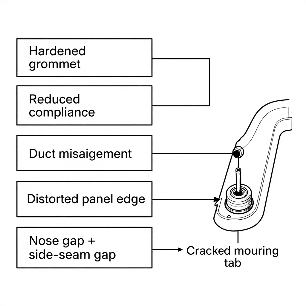 Flowchart showing how a hardened ram air duct grommet on a 1996 Honda CBR 600 F3 leads to duct misalignment, a distorted panel edge, a cracked mounting tab and nose gaps