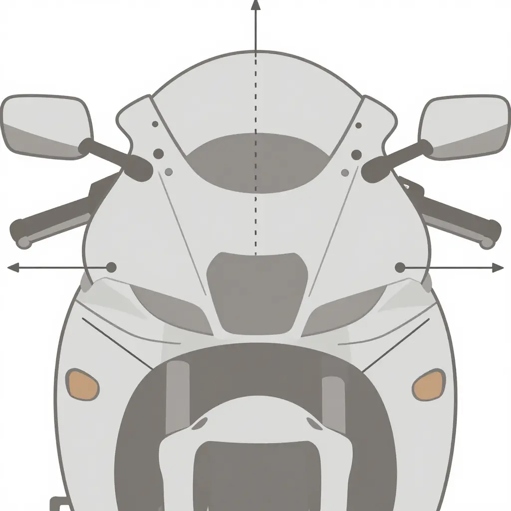Flat 2D front-elevation line-art diagram of a 1996 Honda CBR 600 F3 upper cowl showing the dashed vehicle centreline, the central headlight cutout, four circular measurement markers at the cutout edges and upper-to-side-panel seams, and arrowed dimension lines indicating the measured gaps.