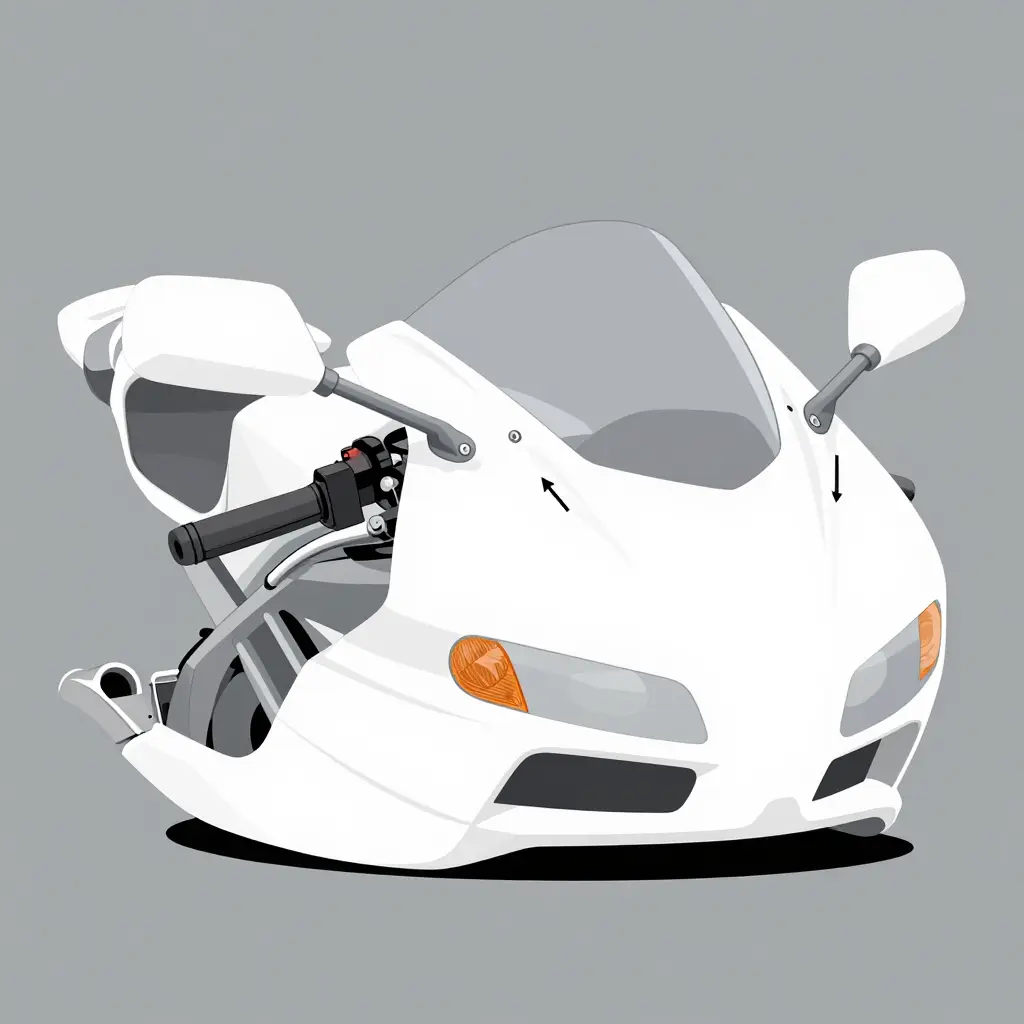 Cutaway view of a 1996 Honda CBR600F3 upper fairing showing the headlight cutout, cowl stay bracket, and ram air duct grommets