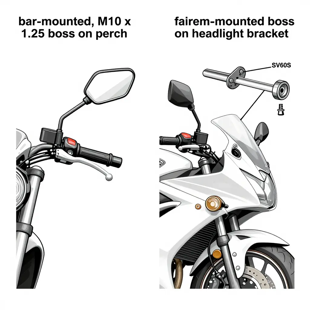 Technical diagram comparing the bar-mounted mirror boss on a naked SV650 with the fairing-mounted mirror boss on the SV650S headlight bracket