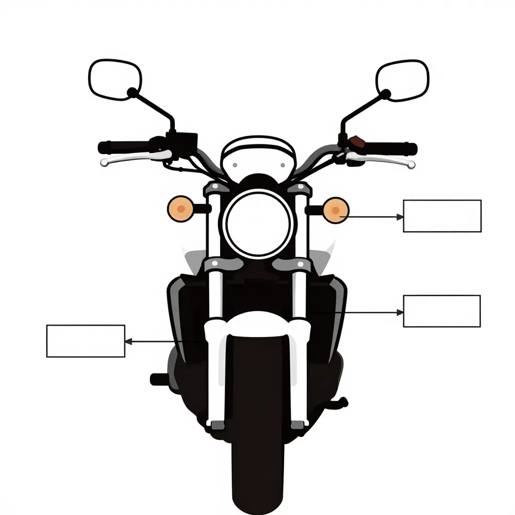Minimalist 2D instructional diagram of the 2002 Suzuki SV650 front end, showing the headlight bracket geometry, upper mirror mount stalks and the half fairing attachment lugs indicated with circular mounting points and callout leader lines.