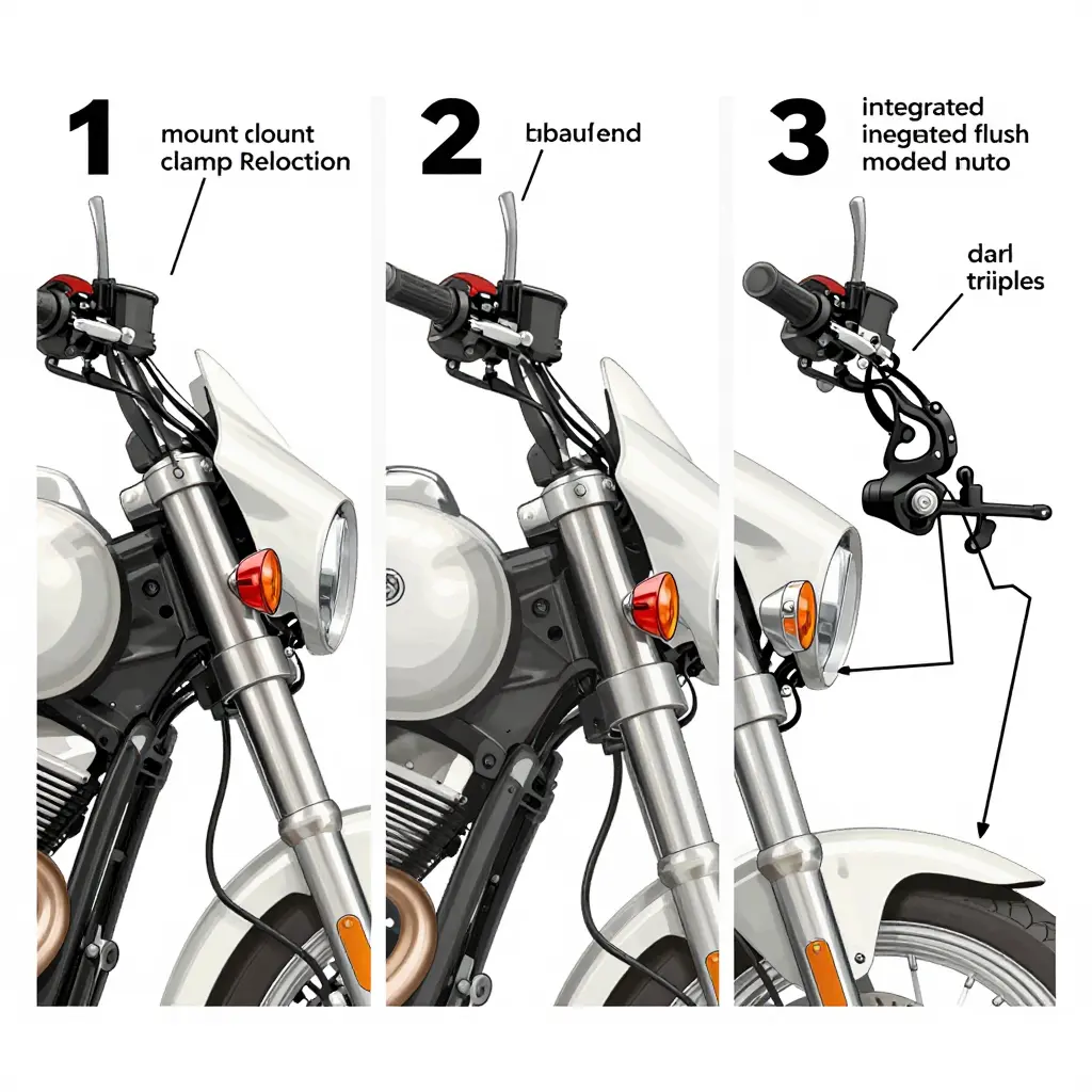 Diagram of four turn signal relocation methods on a 2002 Yamaha V Star front end