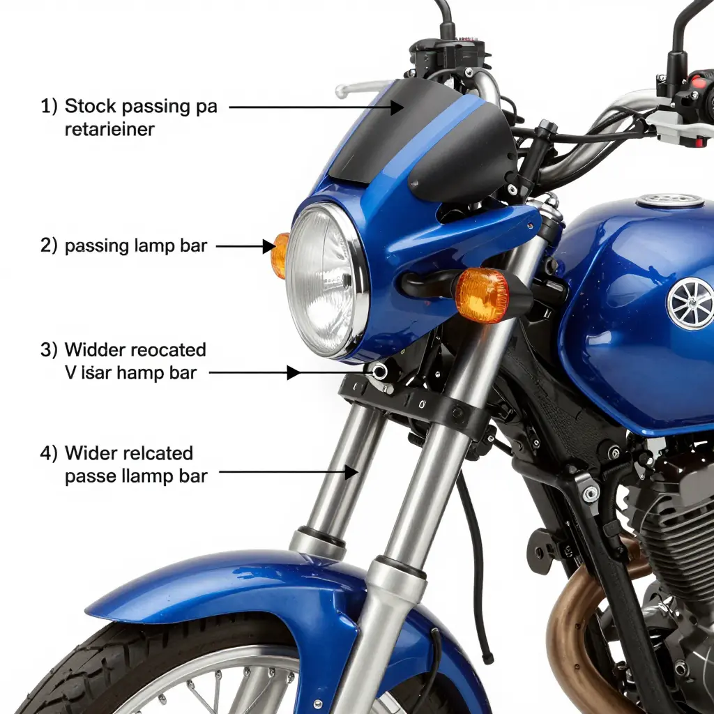 Technical diagram showing three passing lamp bar configurations and how each changes the fairing mount kit geometry on a 2002 Yamaha V Star