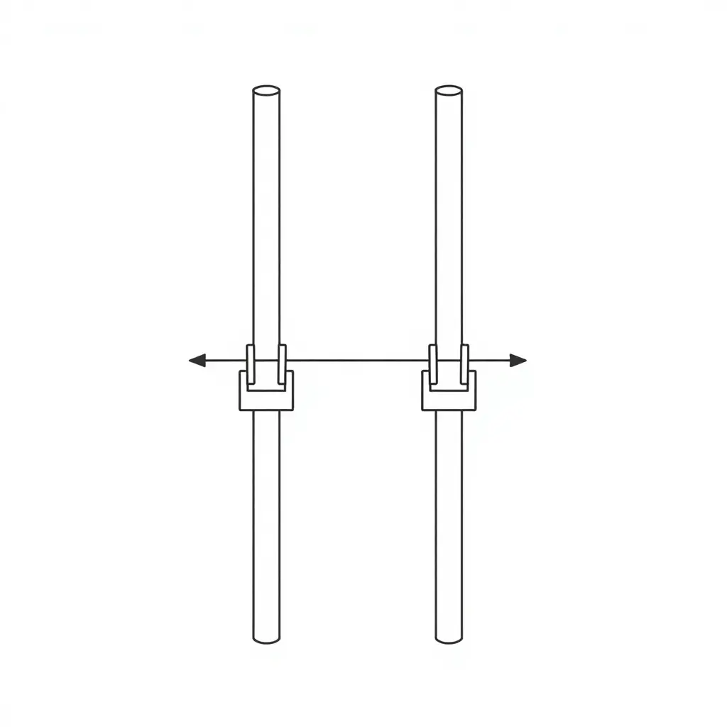 Two-dimensional technical line drawing of two vertical parallel fork tubes with a horizontal measurement line across their centers and simple clamp brackets, illustrating how to measure fork clamp spacing