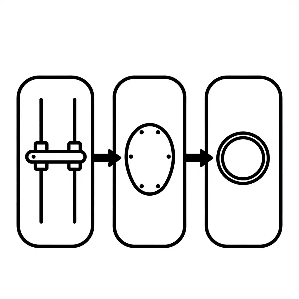 Two-dimensional schematic showing three sequential stages of a fairing bracket test fit: the bracket clamped to two parallel vertical fork tubes with evenly spaced tick marks, the shell outline bolted to the bracket with aligned bolt holes, and the bezel centered inside the circular headlight opening with equal gaps on both sides.