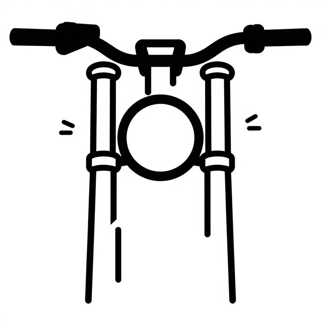Schematic front-view line-art diagram of a cruiser motorcycle front end showing two tick-mark marker pairs: the horizontal center-to-center distance between the fork tubes at the upper triple tree, and the outer diameter of the circular headlight bezel