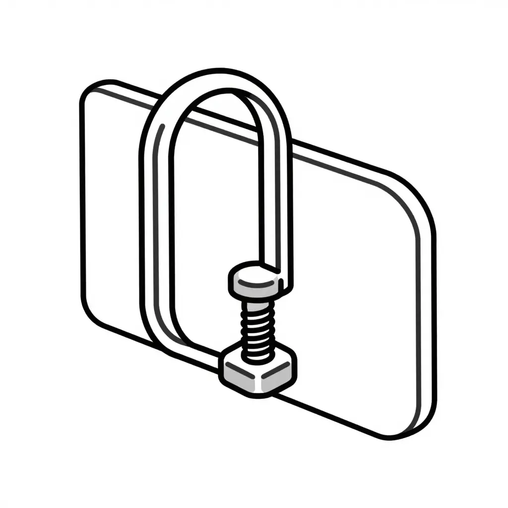 Minimalist 2D line cross-section showing a U-nut spring clip gripping a fairing bracket tab, with a bolt threading through the plastic panel to clamp it together