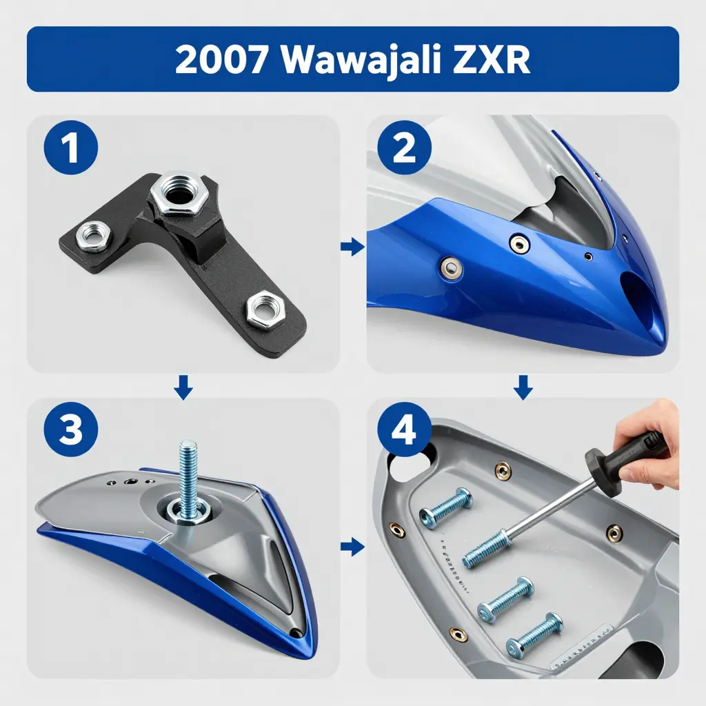 Infographic showing the four-step fairing bolt installation sequence: seating the U-nut, aligning the panel, hand-starting the bolt, and tightening in a diagonal pattern.
