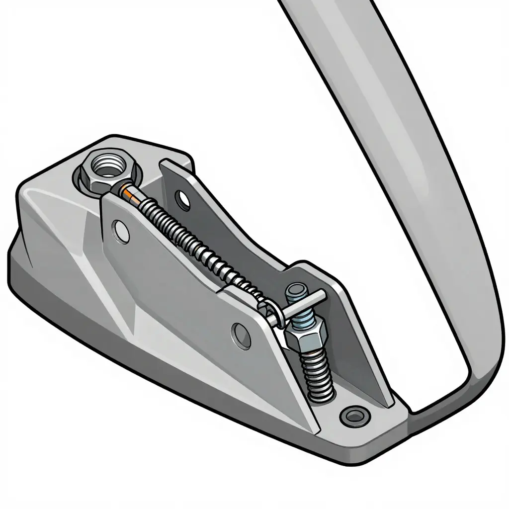 Cutaway diagram of a U-nut spring clip pinching a fairing bracket mounting tab with a bolt passing through the panel
