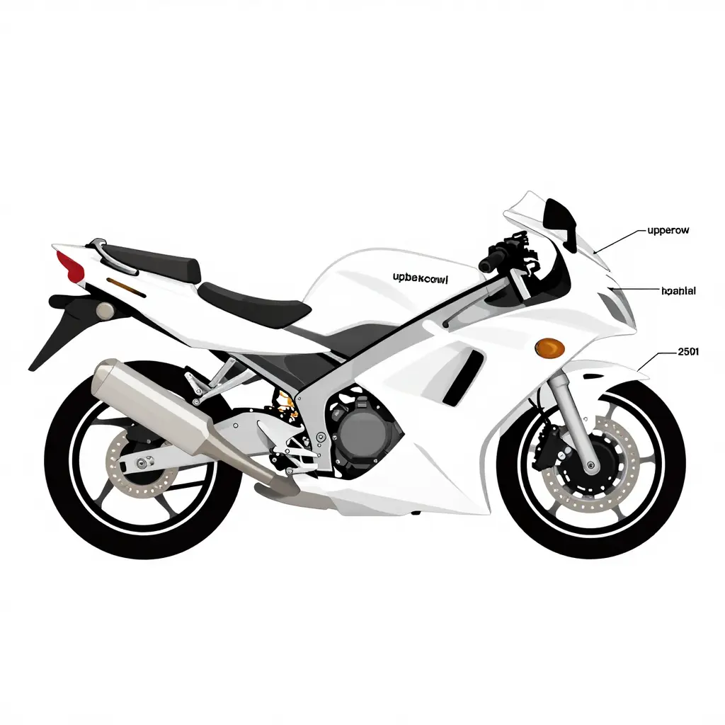 Simple 2D line diagram mapping the seven fairing zones of a 2008 Kawasaki Ninja 250: upper cowl, left side panel, right side panel, lower cowl, side covers, tail section, and front fender