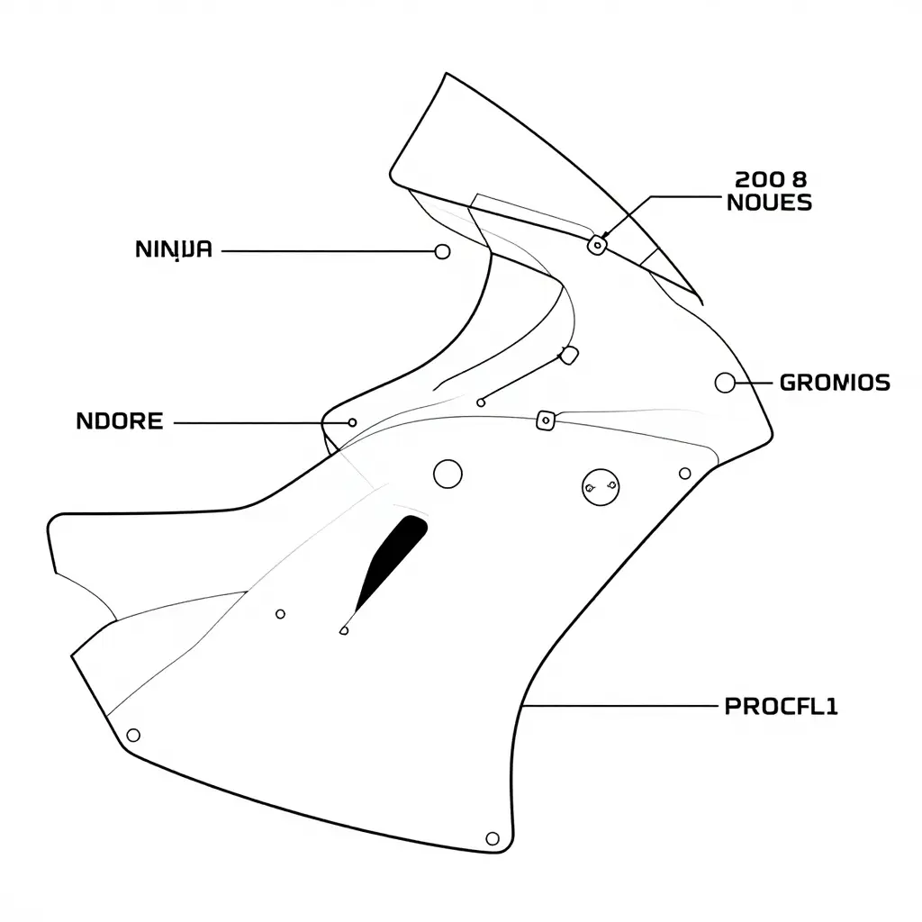 Flat 2D schematic of 2008 Kawasaki Ninja 250 fairing mounting points showing grommets, clips, upper cowl screw bosses and frame-side mounting points connected by leader lines