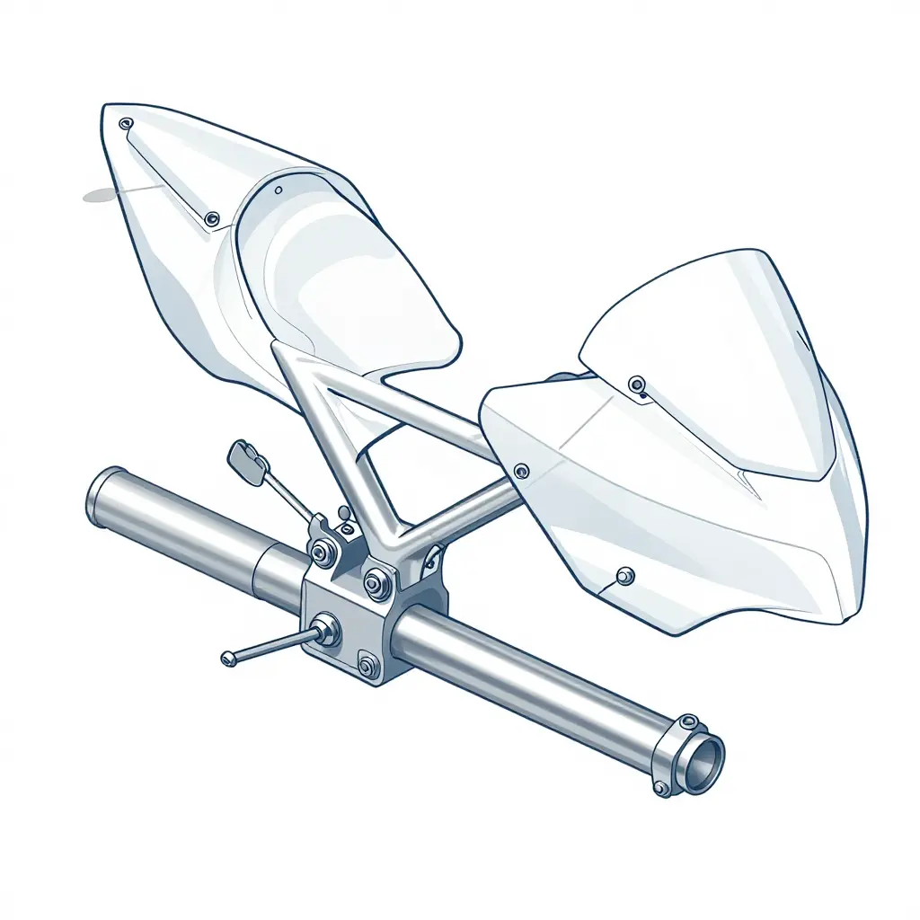 Technical diagram of an ER-6f nose stay and fairing bracket set mounted on an ER-6n frame, showing the central tubular spine, bracket tabs, and ghosted fairing panels aligning to those tabs