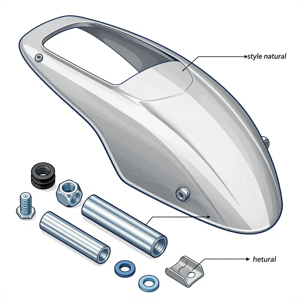 Exploded view of belly pan mounting hardware including M6 flange bolts, rubber well nuts and aluminum spacers