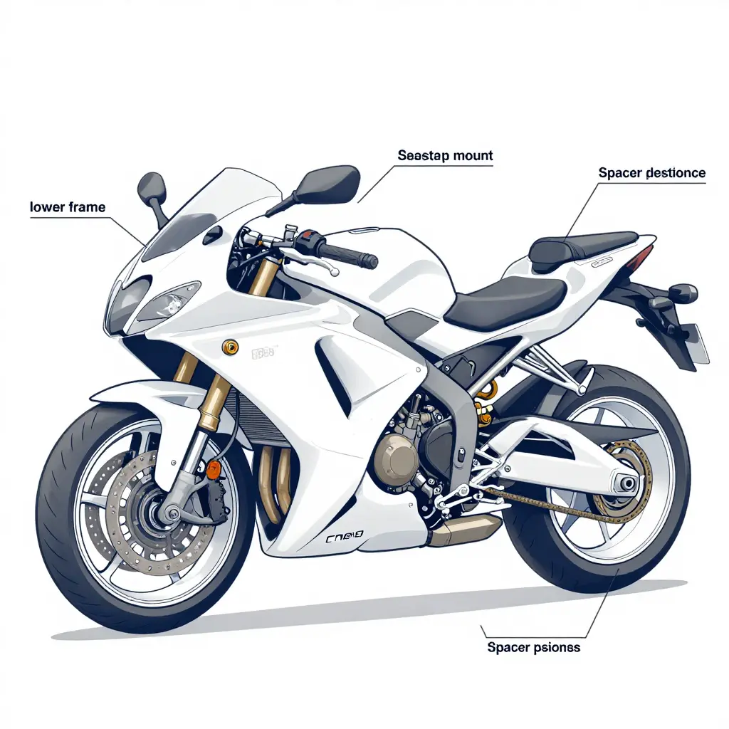 Technical diagram of a naked ER-6n 650 showing belly pan mounting points, spacer locations, exhaust header clearance and radiator airflow