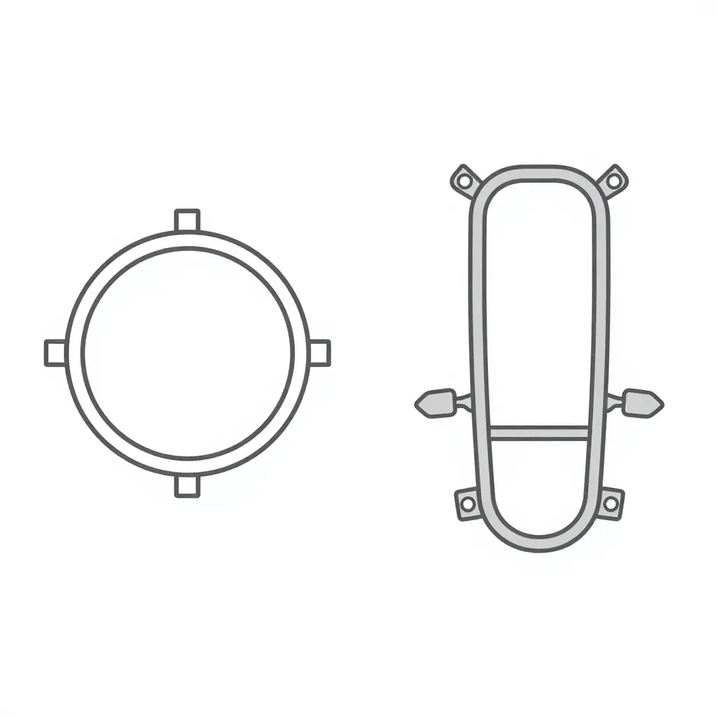 Flat two-panel line diagram comparing the round ER-6n headlight bowl with three mount bosses on the left against the ER-6f nose stay cage and its multiple bracket pads on the right