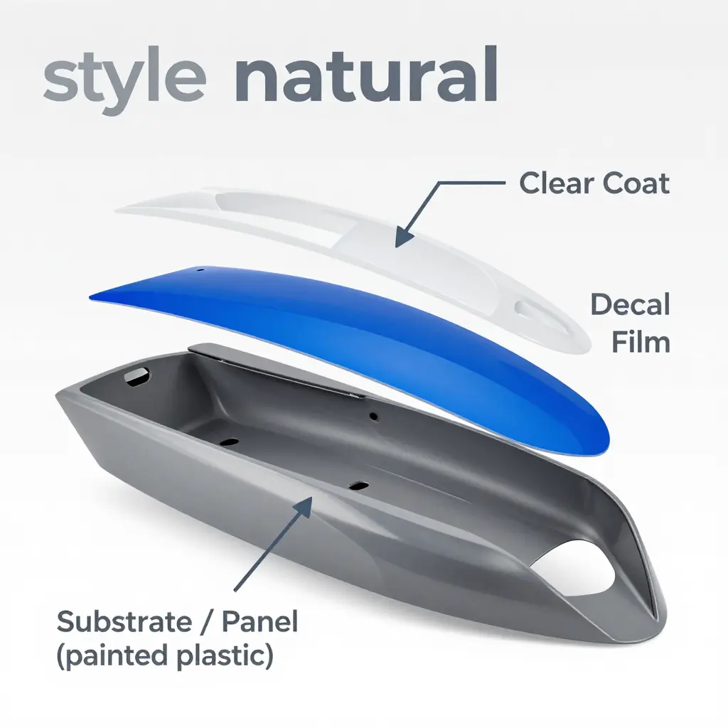 Cross-section diagram of a fairing decal system showing three layers: substrate panel, decal film, and clear coat