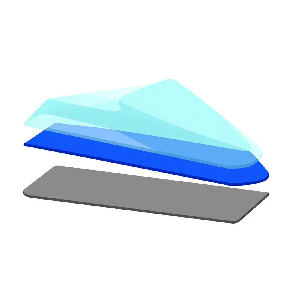 2D cross-section diagram of a motorcycle fairing panel showing three stacked layers: the gray substrate panel at the bottom, the blue decal film layer in the middle, and the transparent clear coat layer on top