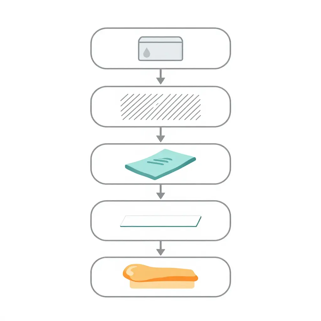 A minimal 2D flowchart illustrating the fairing decal application process, showing five connected boxes with arrows: surface cleaning, scuff sanding, solvent wipe, decal application, and clear coat application
