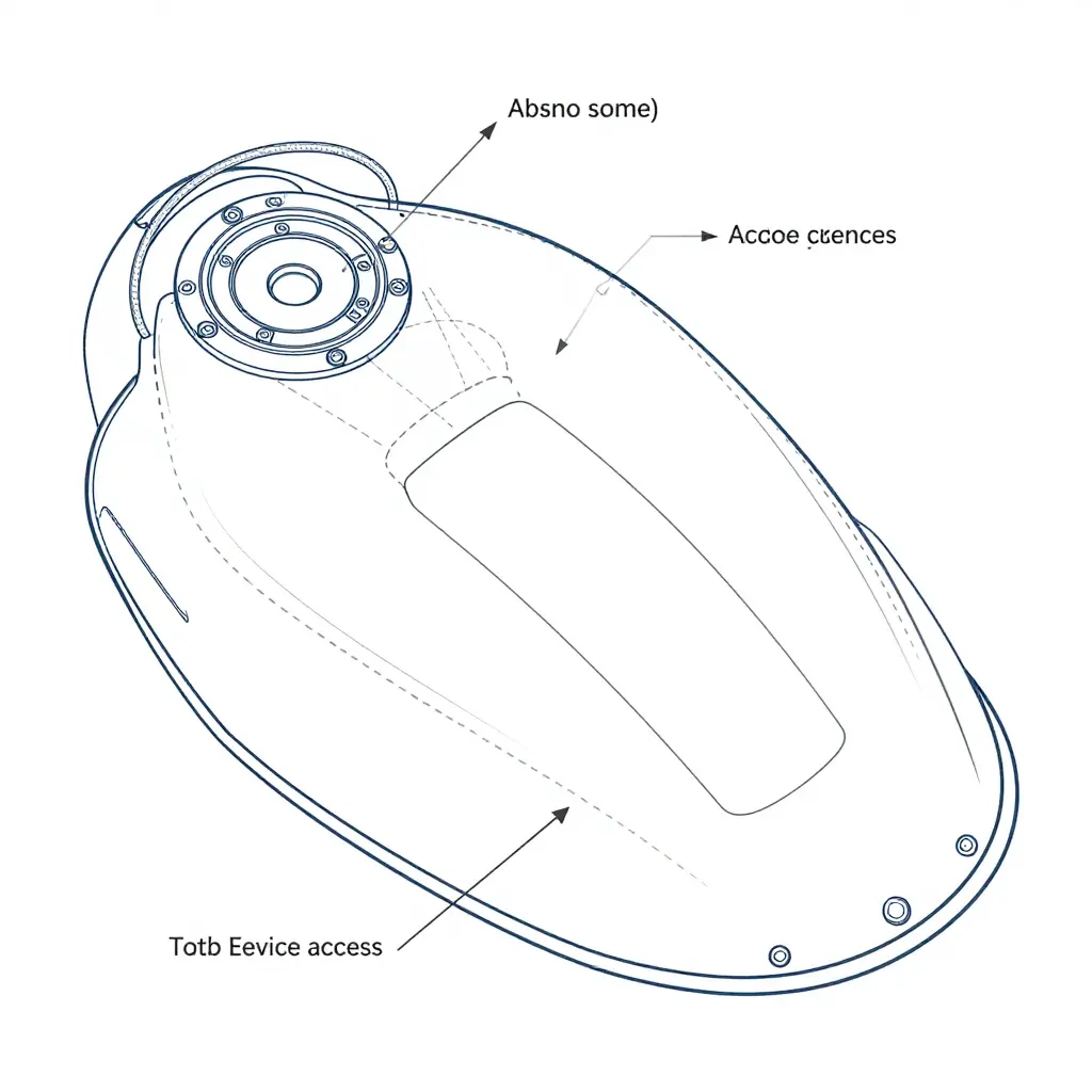 Diagram of motorcycle fuel tank fairing cutout aligned with the fuel pump flange and retaining ring