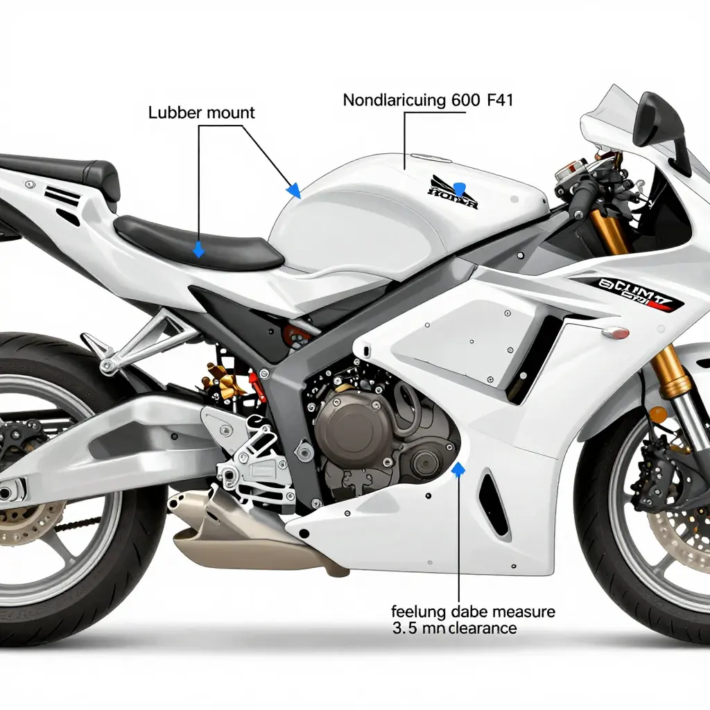 Cutaway diagram of a Honda CBR 600 F4i tank and side panel showing rubber tank mount pucks, tab registration slot, heat shield sheet, fuel pump area, and a feeler gauge blade measuring 3-5 mm clearance