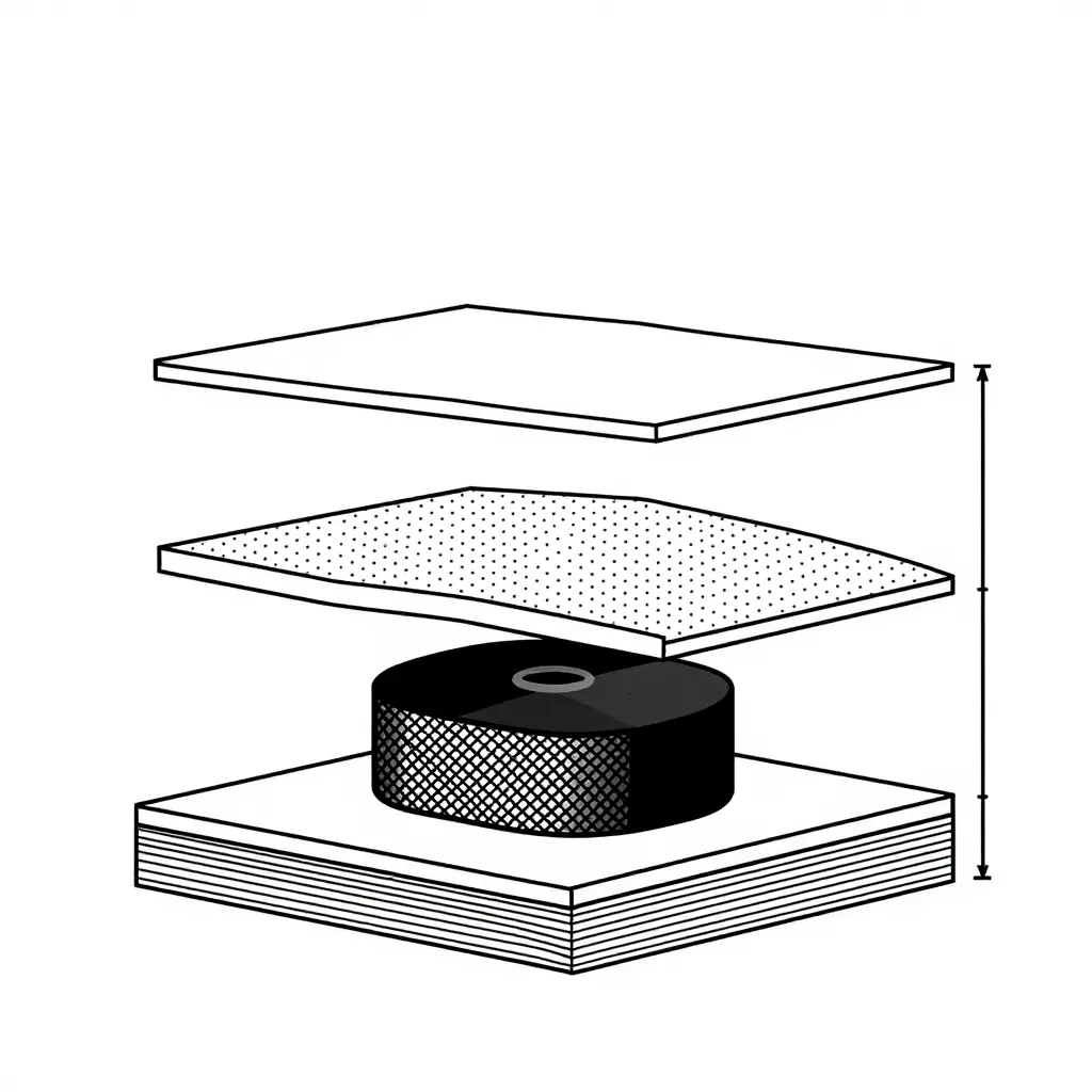 Flat 2D cross-section diagram of the Honda CBR 600 F4i fuel tank mount rubber and heat shield stack, showing tank surface, compressed rubber puck, heat shield layer, and fairing tab with dimension arrows for compression, thickness, and clearance