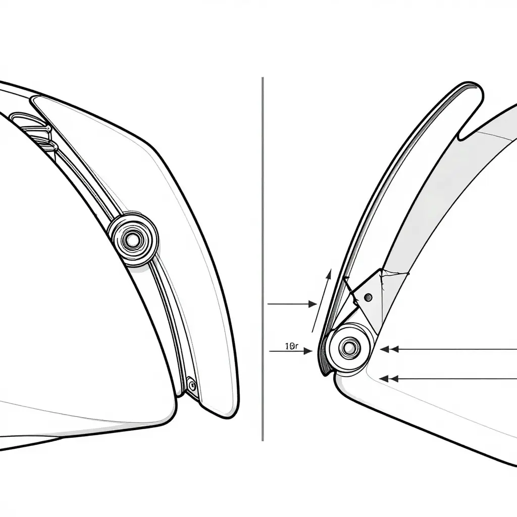 Technical diagram showing a shimmed fairing tab in a flanged fastener slot and a cracked tab root with stop-drilled crack tips and a reinforcement plate
