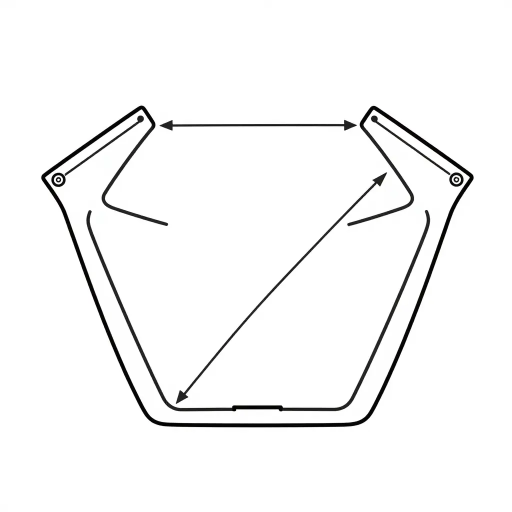 Minimalist technical line schematic of the inner face of a Honda CBR 600 F4i fuel tank fairing panel, showing the upper left and upper right mounting tabs, centre-to-centre span dimensions, a diagonal span dimension, and the tab slot width dimension with arrows and numeric tick marks