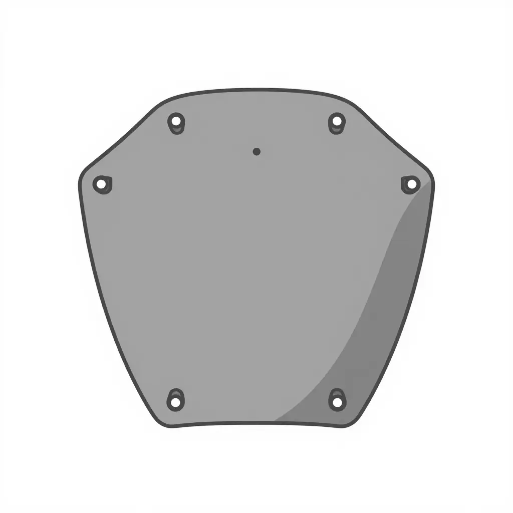 Flat 2D vector schematic of the inner face of a Honda NT650V Deauville lower fairing panel, showing the panel outline, six mounting tabs with hole centres, two bracket contact points and a shaded heat-affected zone near the exhaust