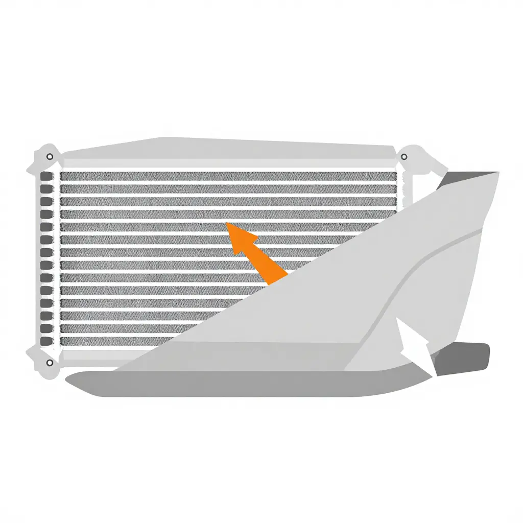 Simplified 2D vector schematic showing air entering the lower fairing duct, passing through the hatched radiator core, and exiting behind the curved fairing panel