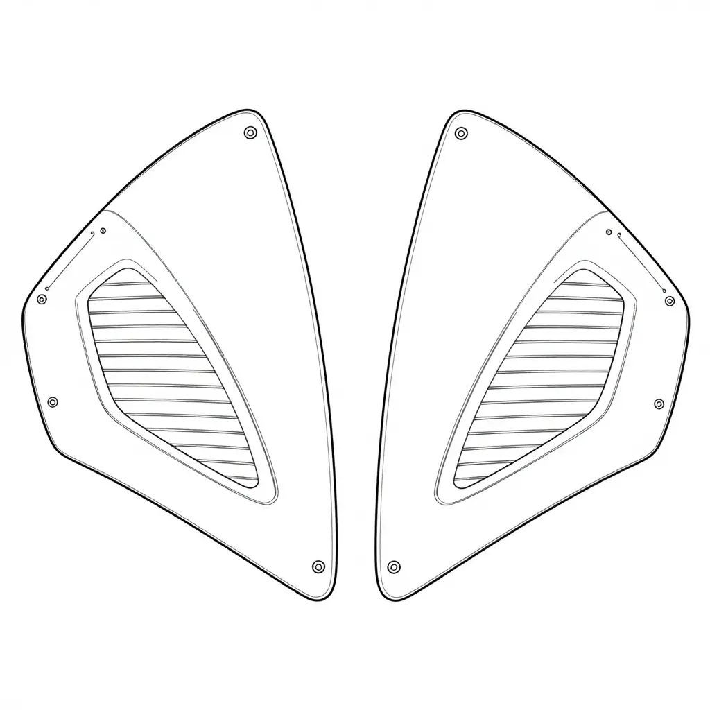 Flat 2D line schematic of the NC30 upper and lower side panels showing mirrored side vent openings, louver slats and perimeter mounting tabs