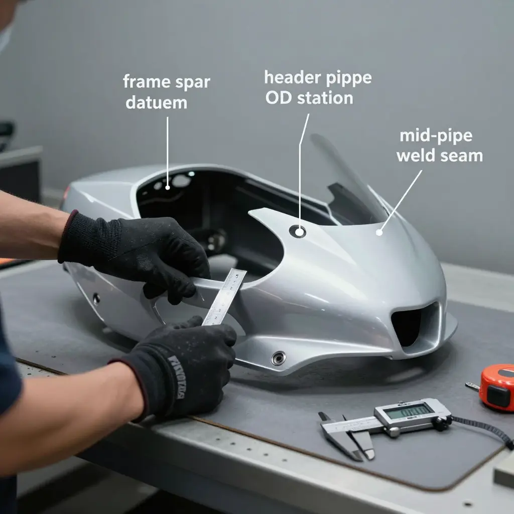 Measuring exhaust clearance and reference points on Honda VFR NC30 fairings