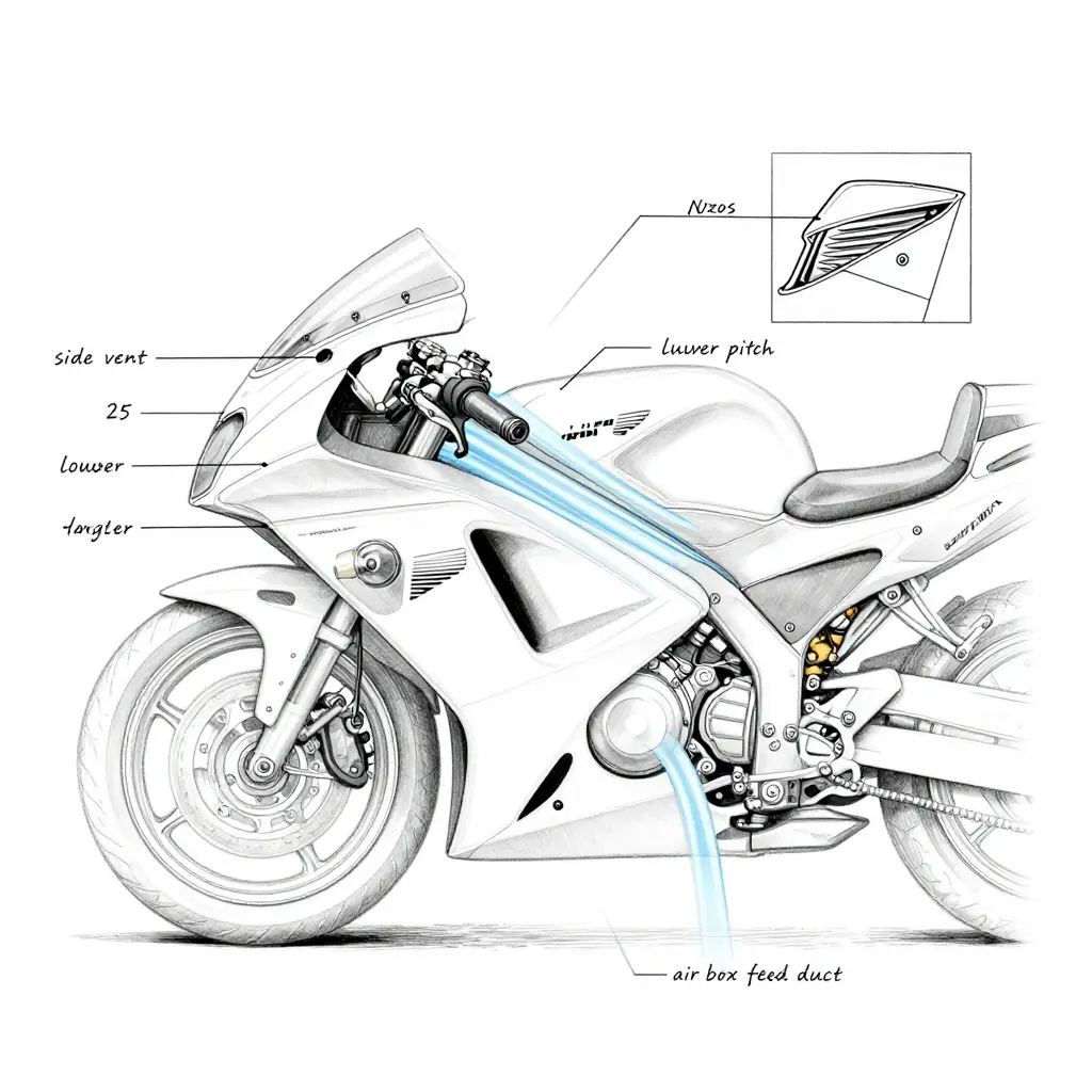 NC30 side vent anatomy diagram showing louvre angle, airflow paths to the rear cylinder bank and fairing mounting hardware