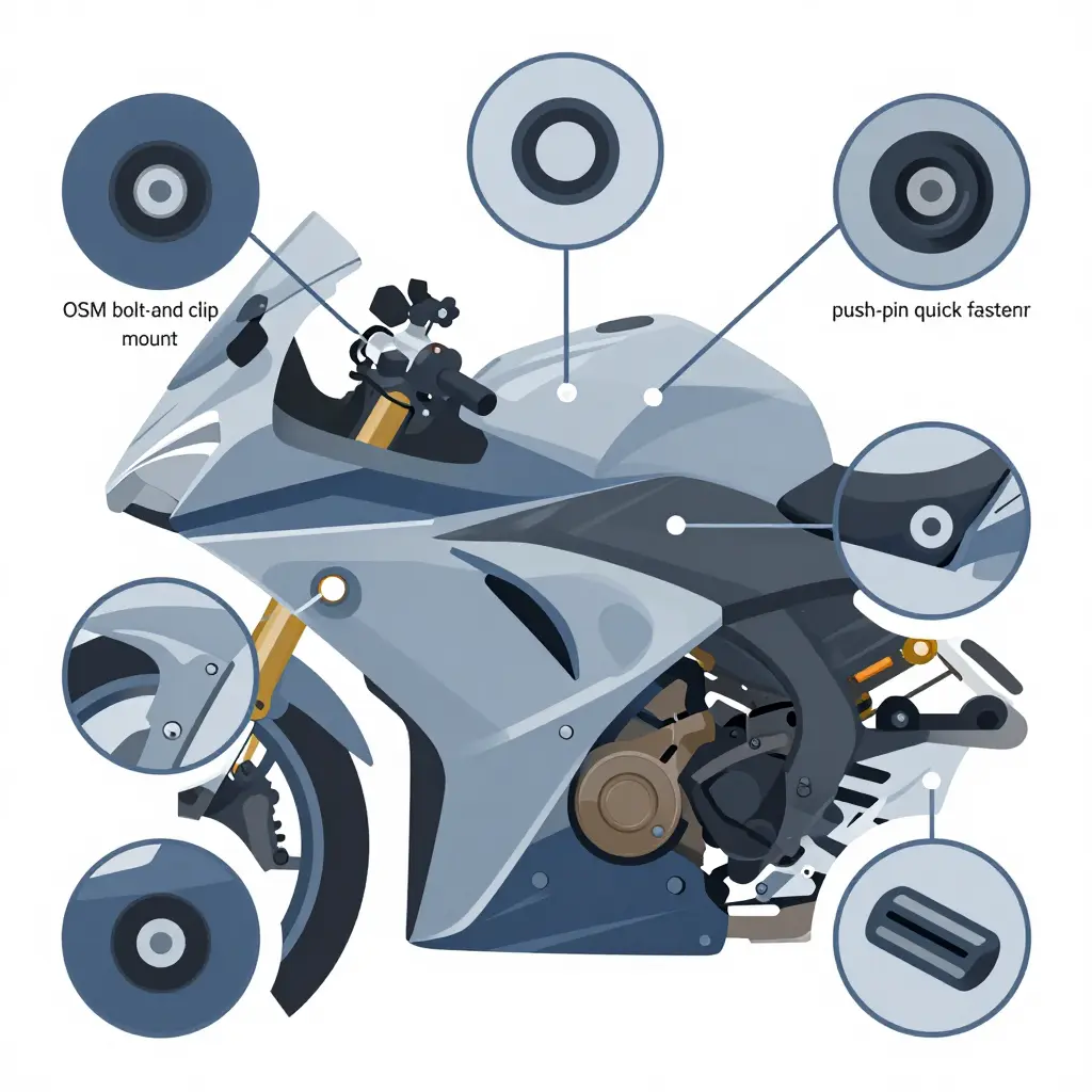 Diagram of motorcycle fairing mount point and attachment system types, including bolt-and-clip mounts, push-pin fasteners, grommets, tabs, brackets, subframe stays, and hidden interlocking tabs.