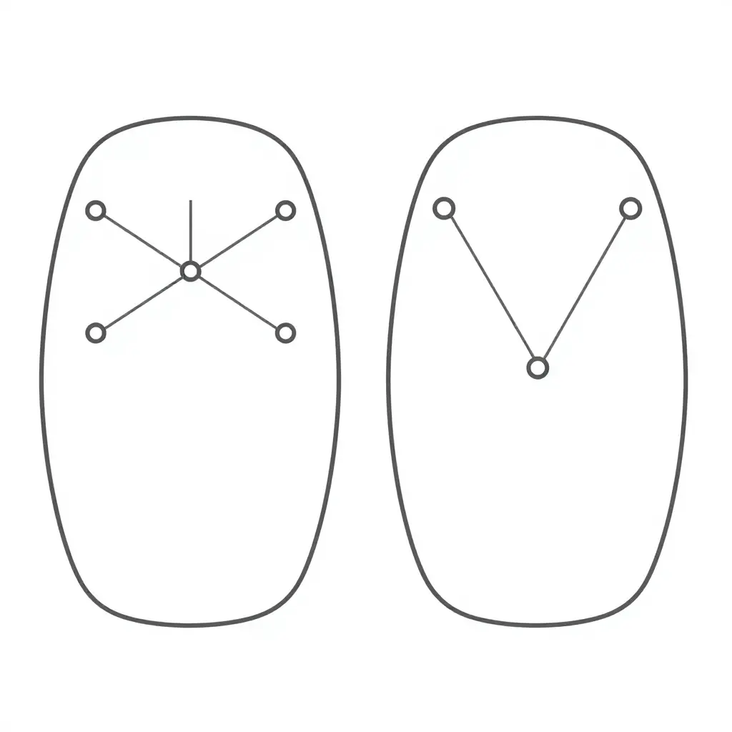 Minimalist 2D side-by-side diagram comparing a fairing panel whose mount points align perfectly with the bike bracket points on the left, versus an identical-looking panel with offset mount points that do not line up on the right